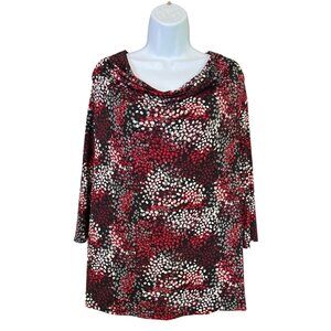 George Cowl Neck Blouse L Red Black Confetti Print Stretch Office Chic Boho